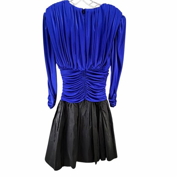 Vintage 80s Filigree Cocktail Dress Womens 10 Blue Black Ruched Drape Retro Glam - Picture 6 of 14